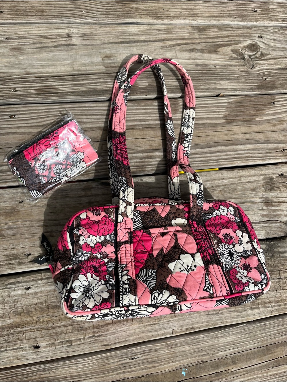 Vera Bradley Pink Floral Quilted Shoulder Bag with Matching Pouch